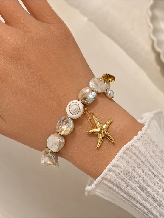 Anthropologie Jewelry - Coastal Starfish Charm Bracelet | Pearl Shell Beach Bracelet Gold Ocean Jewelry